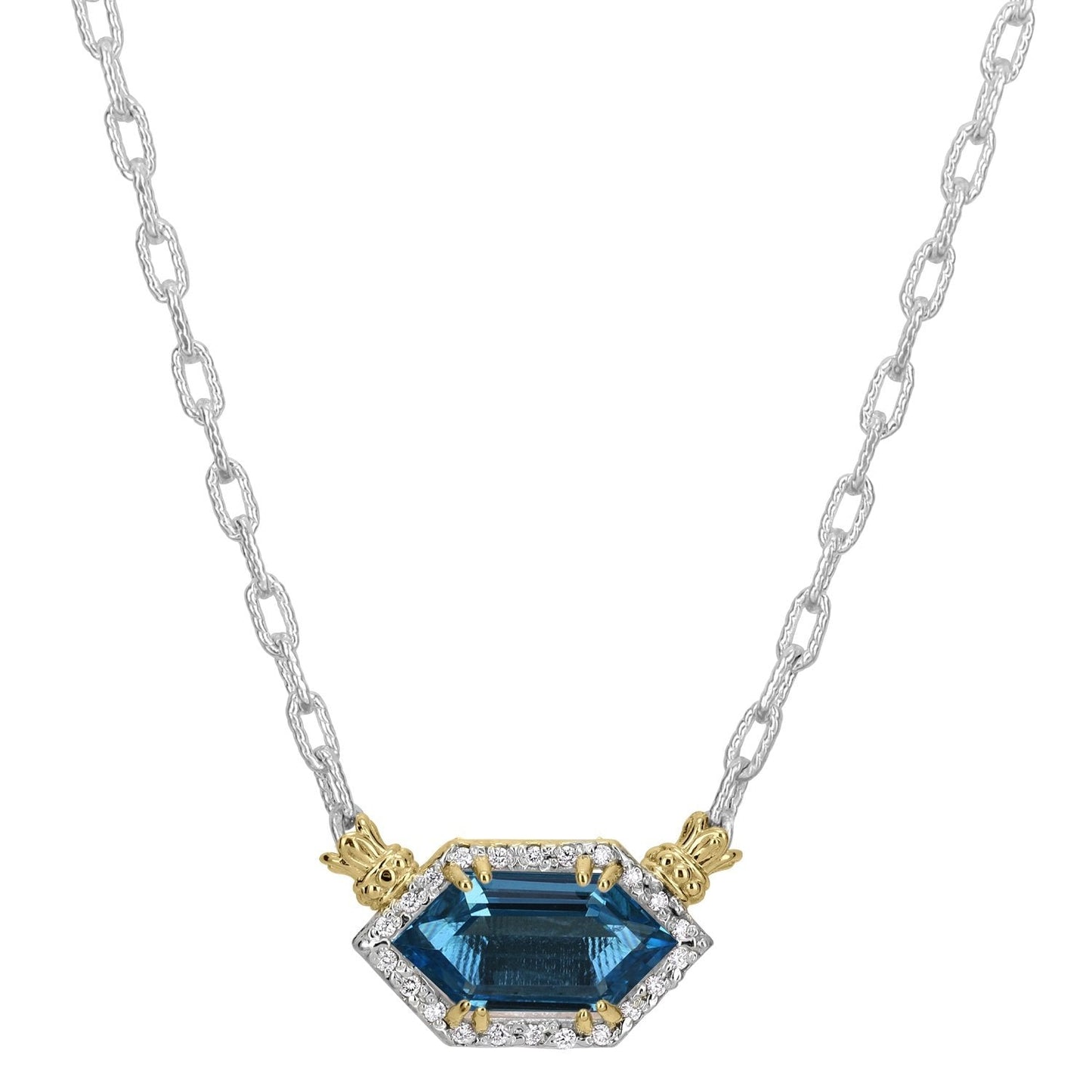 14K Gold and Sterling Silver, London Blue Topaz and Diamond Necklace