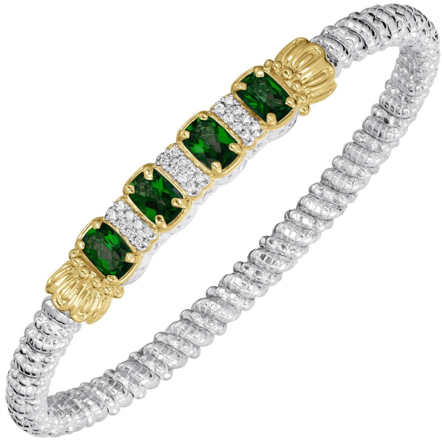 14K Gold and Sterling Silver, Chrome Diopside and Diamond Stackable Bracelet