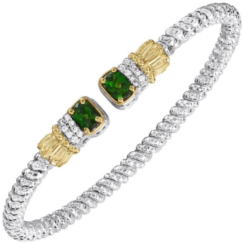 14K Gold and Sterling Silver, Chrome Diopside and Diamond Stackable Cuff Bracelet