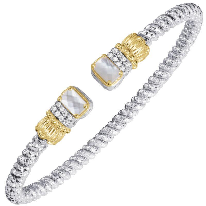 14K Gold and Sterling Silver, Mother of Pearl and Diamond Stackable Cuff Bracelet