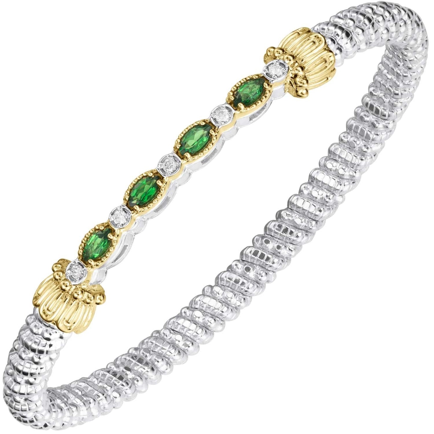 14K Gold and Sterling Silver, Tsavorite Garnet and Diamond Stackable Bracelet