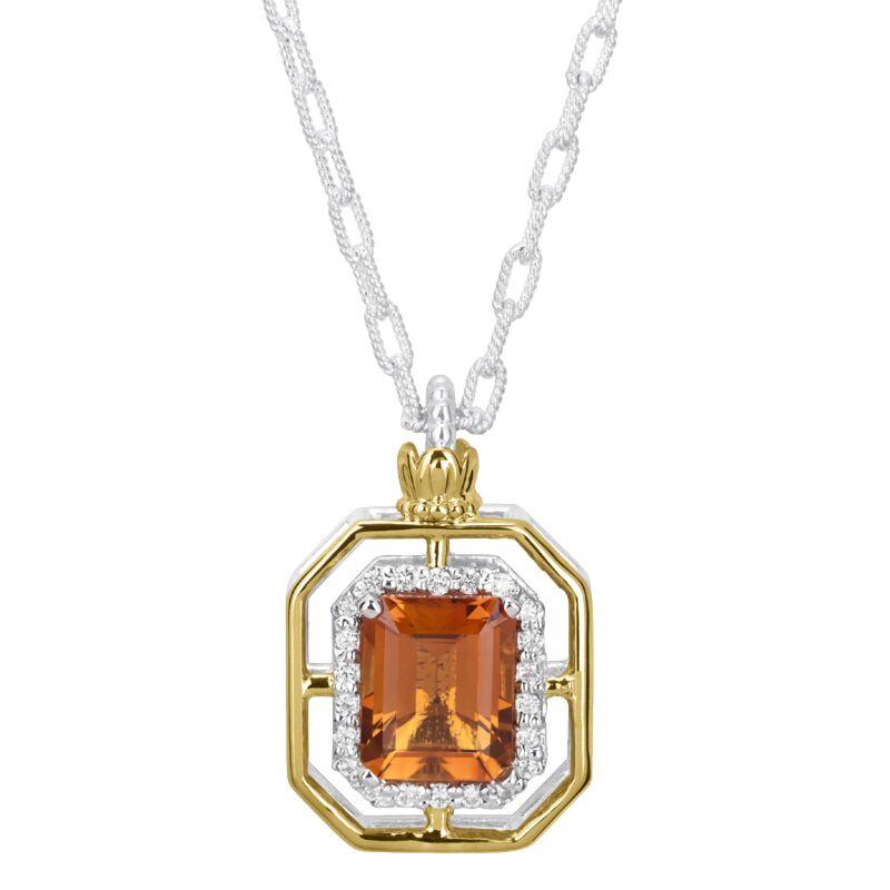14K Gold and Sterling Silver, Citrine and Diamond Pendant Necklace