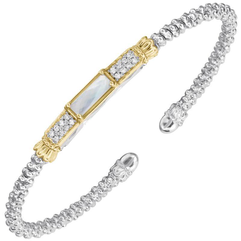 14K Gold and Sterling Silver, Mother of Pearl and Diamond Stackable Bracelet