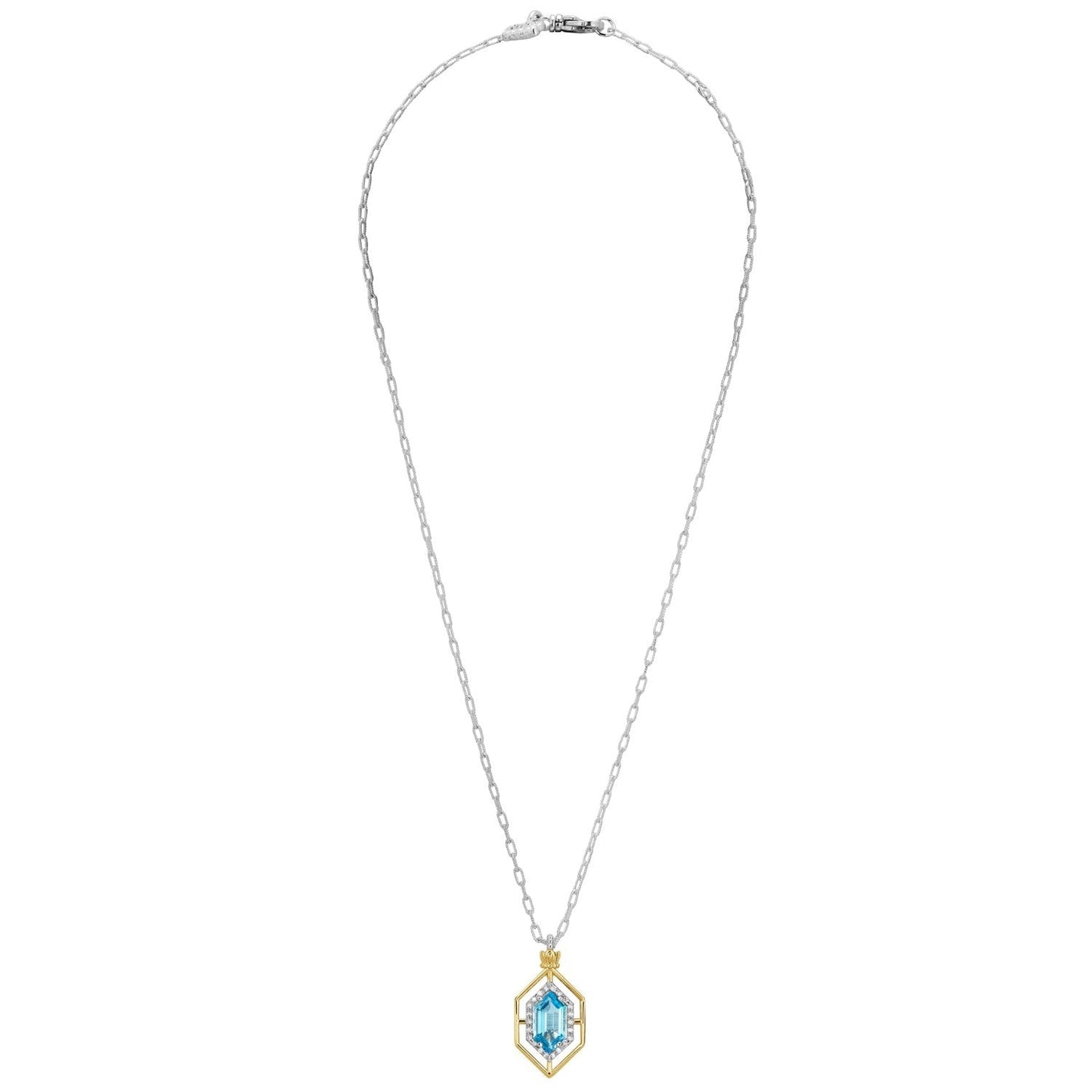 14K Gold and Sterling Silver, Blue Topaz and Diamond Pendant Necklace