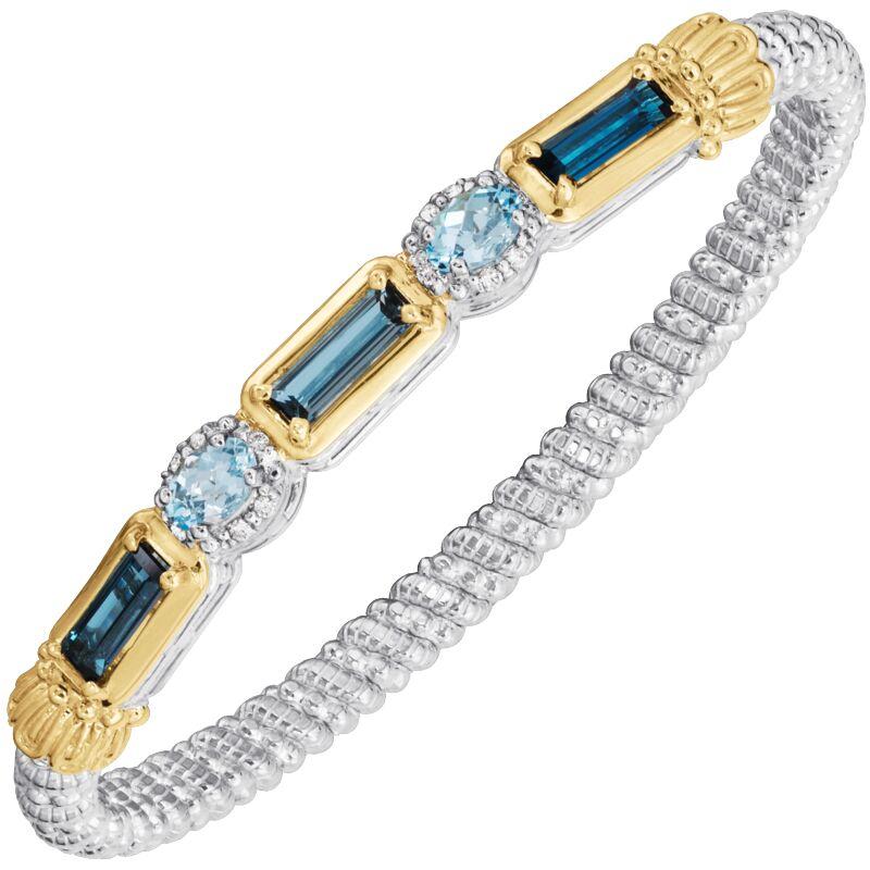 14K Gold and Sterling Silver, London Blue Topaz, Sky Blue Topaz and Diamond Stackable Bracelet