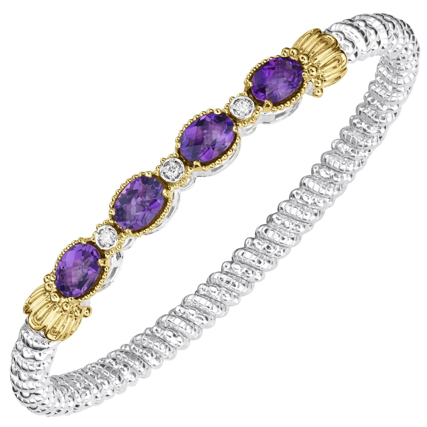 14K Gold and Sterling Silver, Amethyst and Diamond Stackable Bracelet