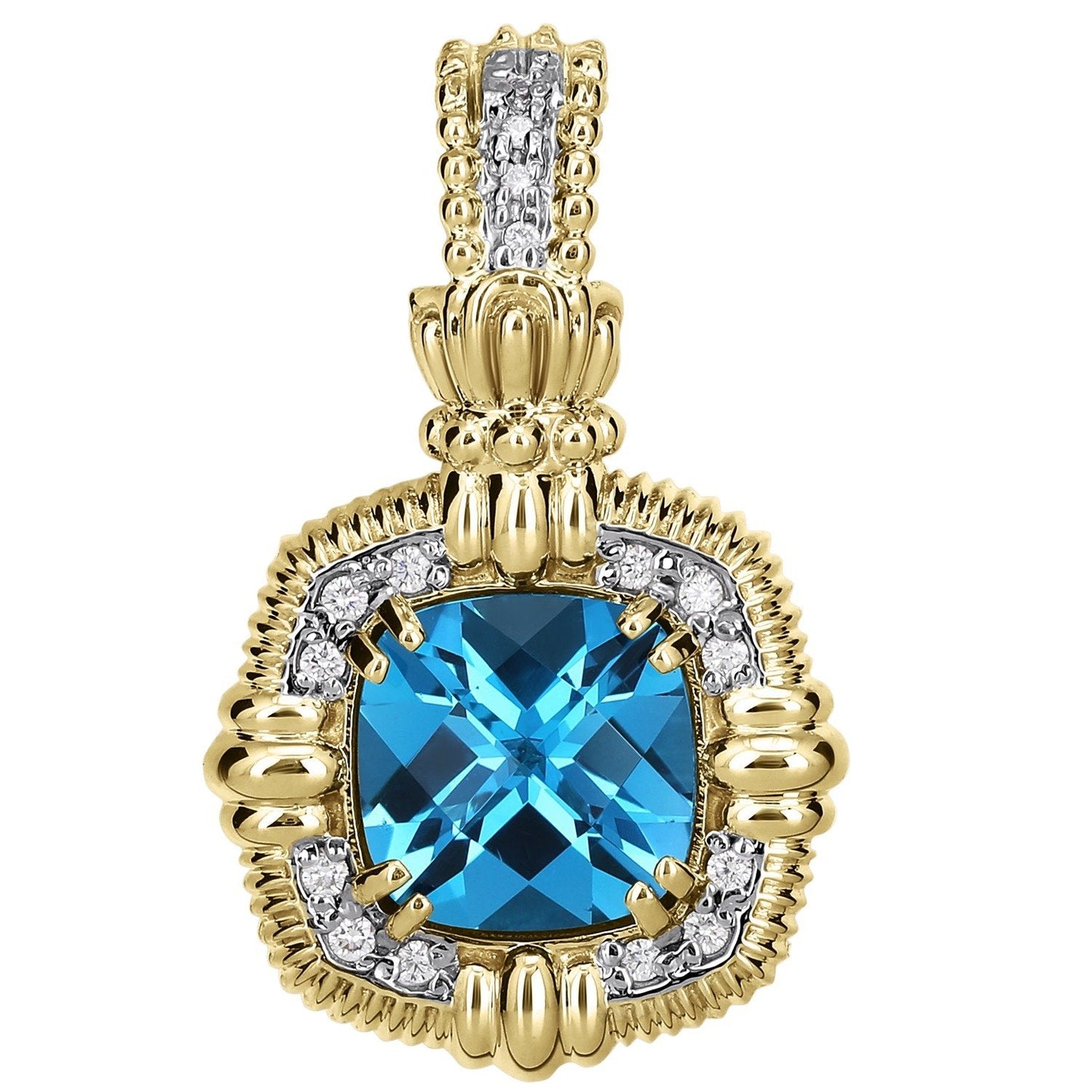 14K Gold and Sterling Silver, London Blue Topaz and Diamond Statement Pendant
