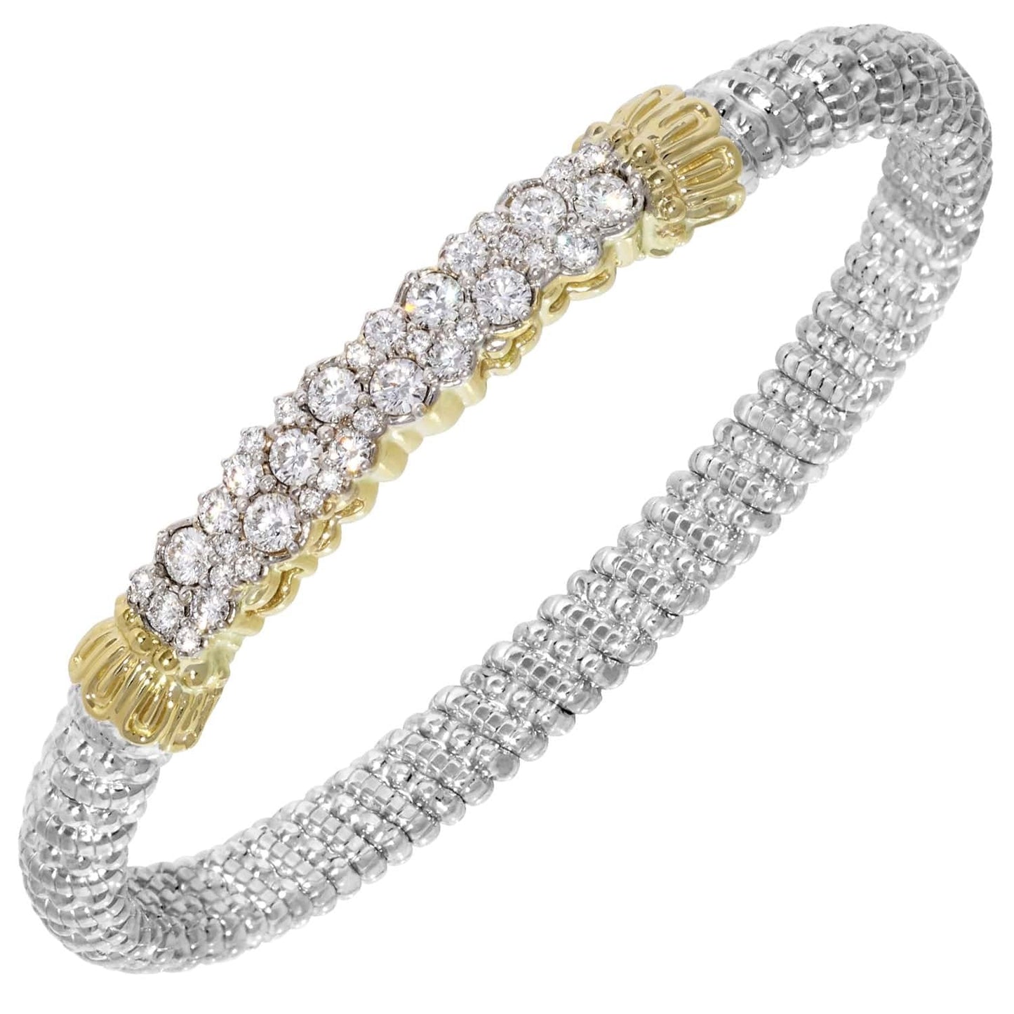 14K Gold and Sterling Silver, Multi-Pavé Diamond Stackable Bracelet