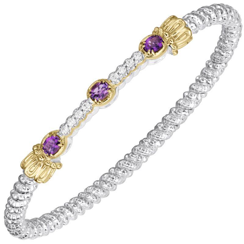 14K Gold and Sterling Silver, Amethyst and Diamond Stackable Bracelet
