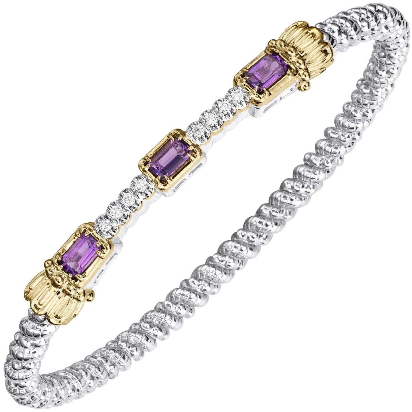 14K Gold and Sterling Silver, Amethyst and Diamond Stackable Bracelet