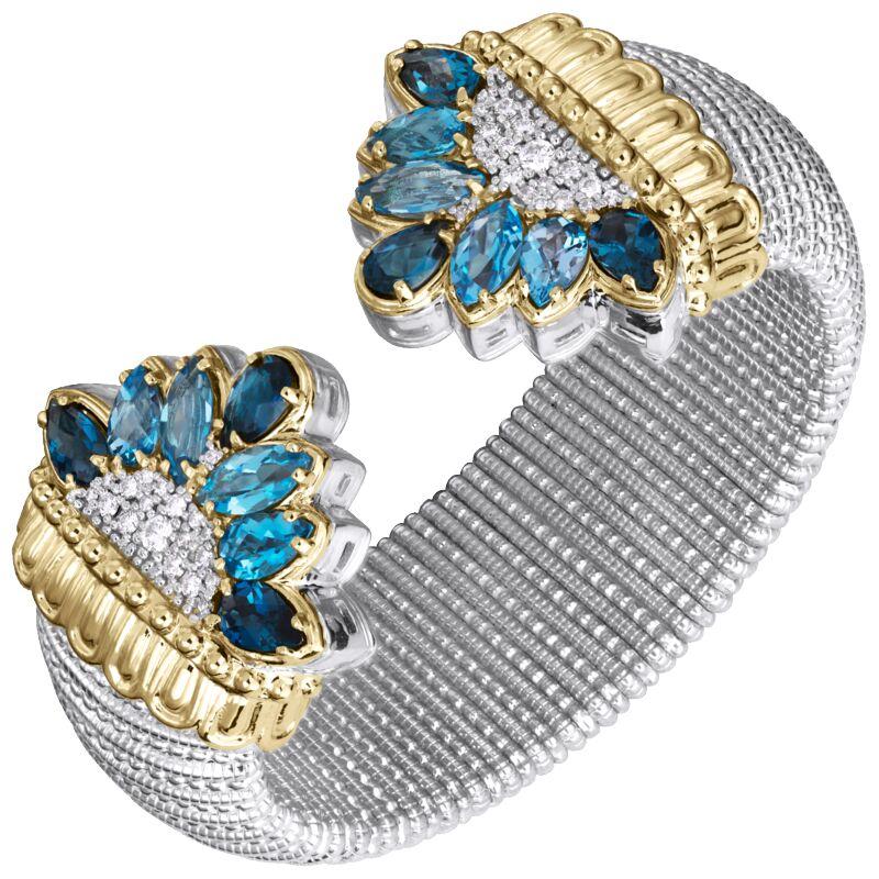 14K Gold and Sterling Silver, Diamond, Blue Topaz, and London Blue Topaz Cuff Bracelet