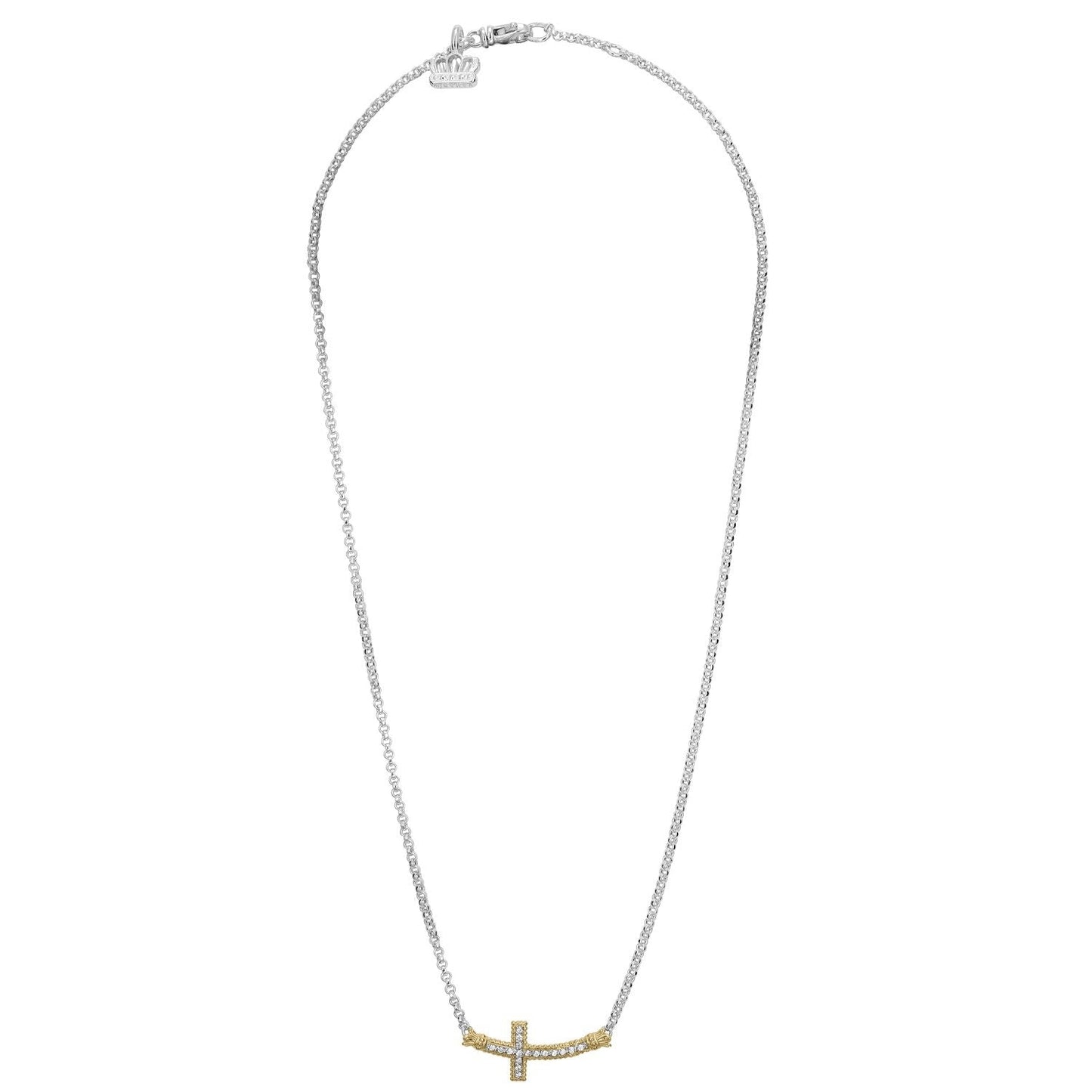 14K Gold and Sterling Silver, Diamond Cross Necklace