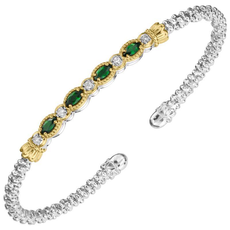 14K Gold and Sterling Silver, Tsavorite Garnet and Diamond Stackable Bracelet