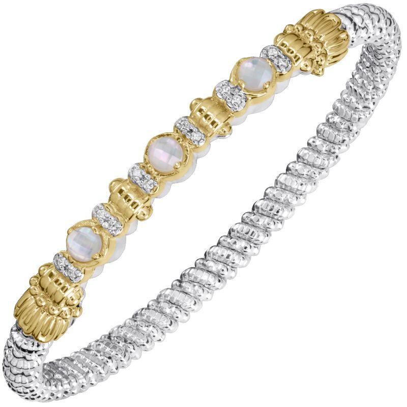 14K Gold and Sterling Silver, Pearl and Diamond Stackable Bracelet