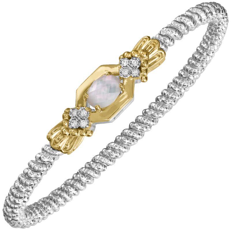 14K Gold and Sterling Silver, Mother of Pearl and Diamond Stackable Bracelet