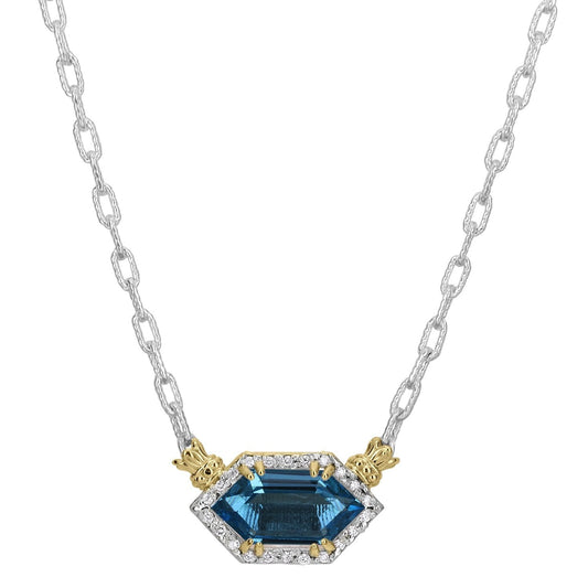 14K Gold and Sterling Silver, London Blue Topaz and Diamond Necklace