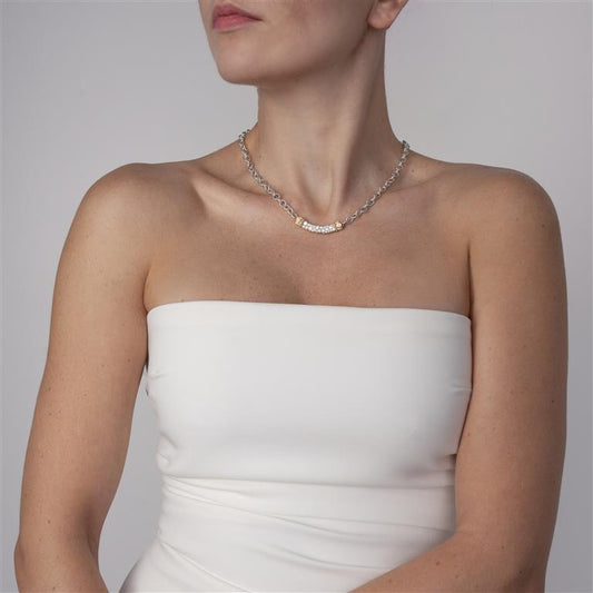 14K Gold and Sterling Silver, Multi-Pavé Diamond Bar Necklace