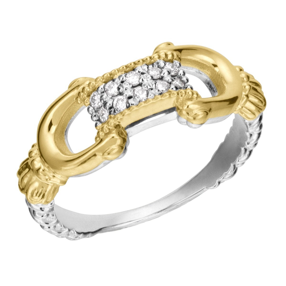 14K Gold and Sterling Silver, Equine-Inspired Diamond Horse Bit Ring