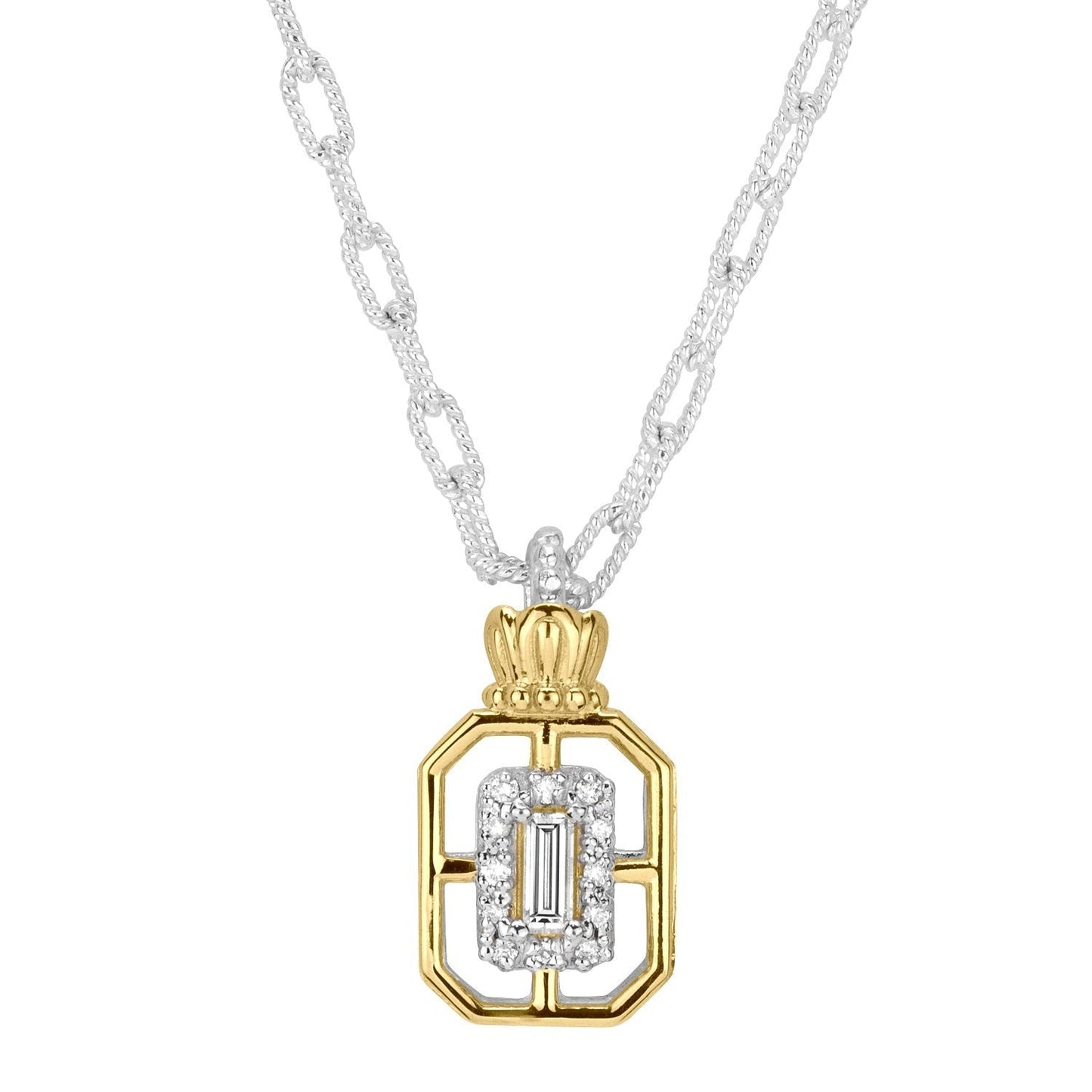 14K Gold and Sterling Silver, Diamond Pendant Necklace