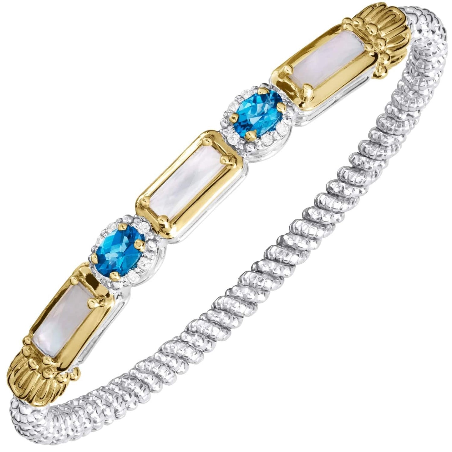 14K Gold and Sterling Silver, Mother of Pearl, Blue Topaz and Diamond Stackable Bracelet