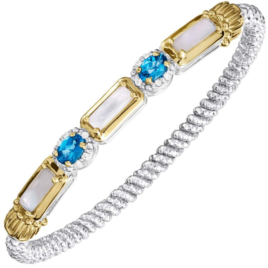14K Gold and Sterling Silver, Mother of Pearl, Blue Topaz and Diamond Stackable Bracelet