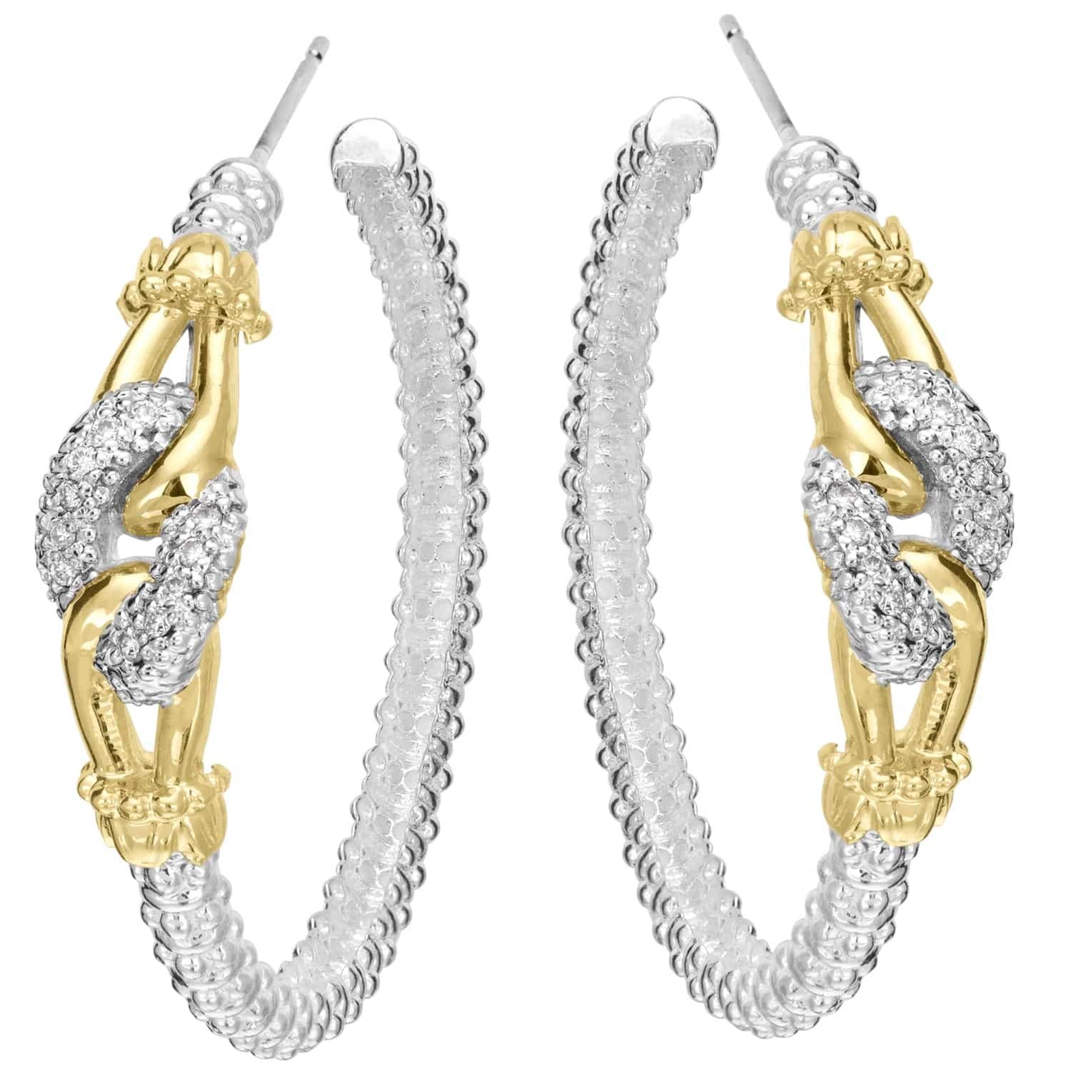 14K Gold and Sterling Silver, Diamond Hoop Earrings