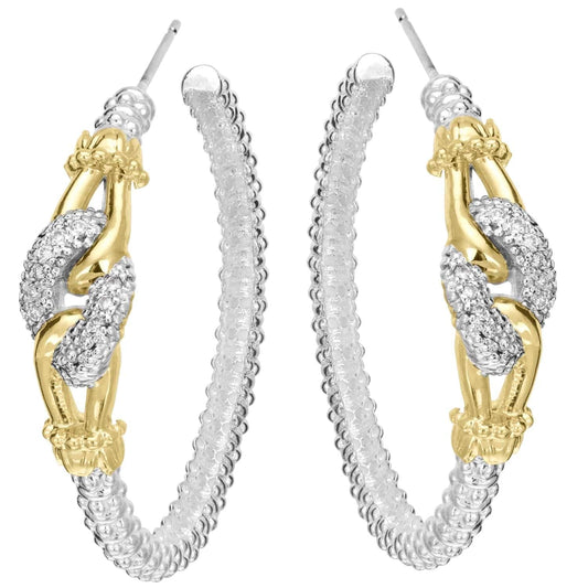 14K Gold and Sterling Silver, Diamond Hoop Earrings