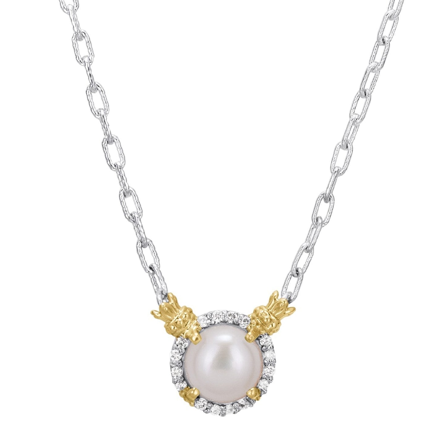 14K Gold and Sterling Silver, Pearl and Diamond Necklace