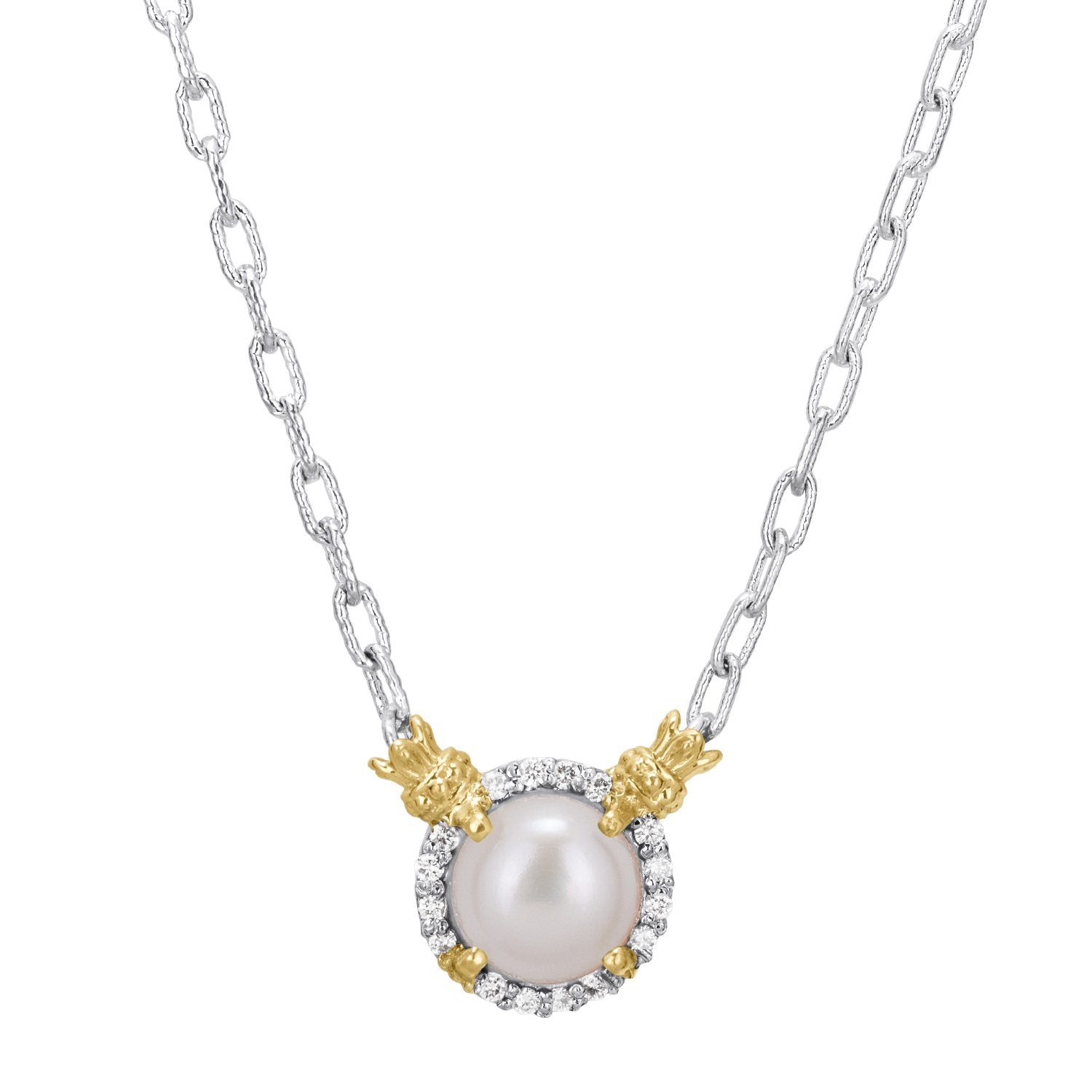 14K Gold and Sterling Silver, Pearl and Diamond Necklace