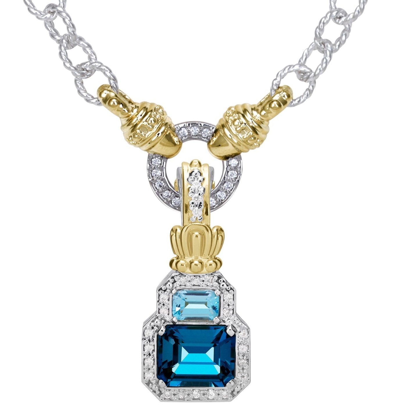 14K Gold and Sterling Silver, London Blue Topaz, Sky Blue Topaz and Diamond Pendant