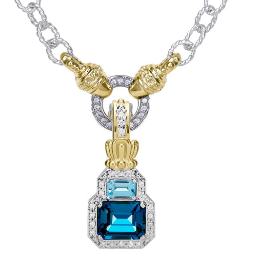 14K Gold and Sterling Silver, London Blue Topaz, Sky Blue Topaz and Diamond Pendant