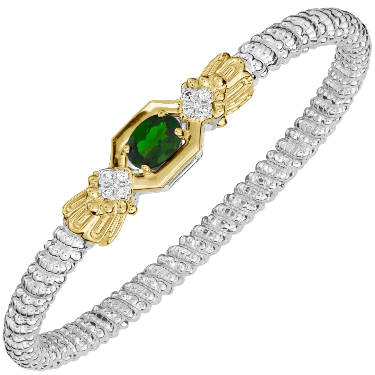 14K Gold and Sterling Silver, Chrome Diopside and Diamond Stackable Bracelet