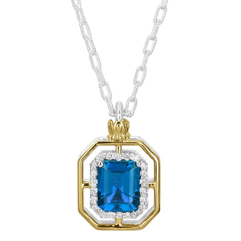14K Gold and Sterling Silver, London Blue Topaz and Diamond Pendant Necklace