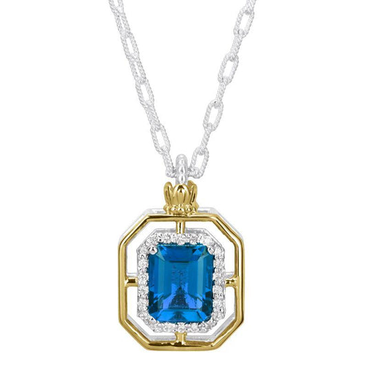 14K Gold and Sterling Silver, London Blue Topaz and Diamond Pendant Necklace