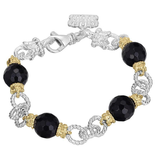 14K Gold and Sterling Silver, Two-Tone Black Onyx Rope Chain Bracelet