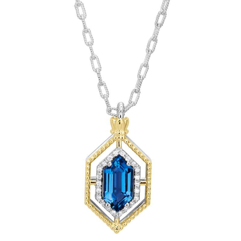 14K Gold and Sterling Silver, London Blue Topaz and Diamond Pendant Necklace