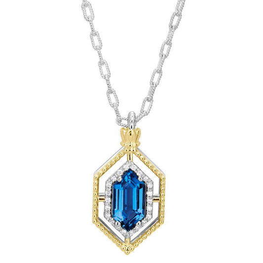 14K Gold and Sterling Silver, London Blue Topaz and Diamond Pendant Necklace