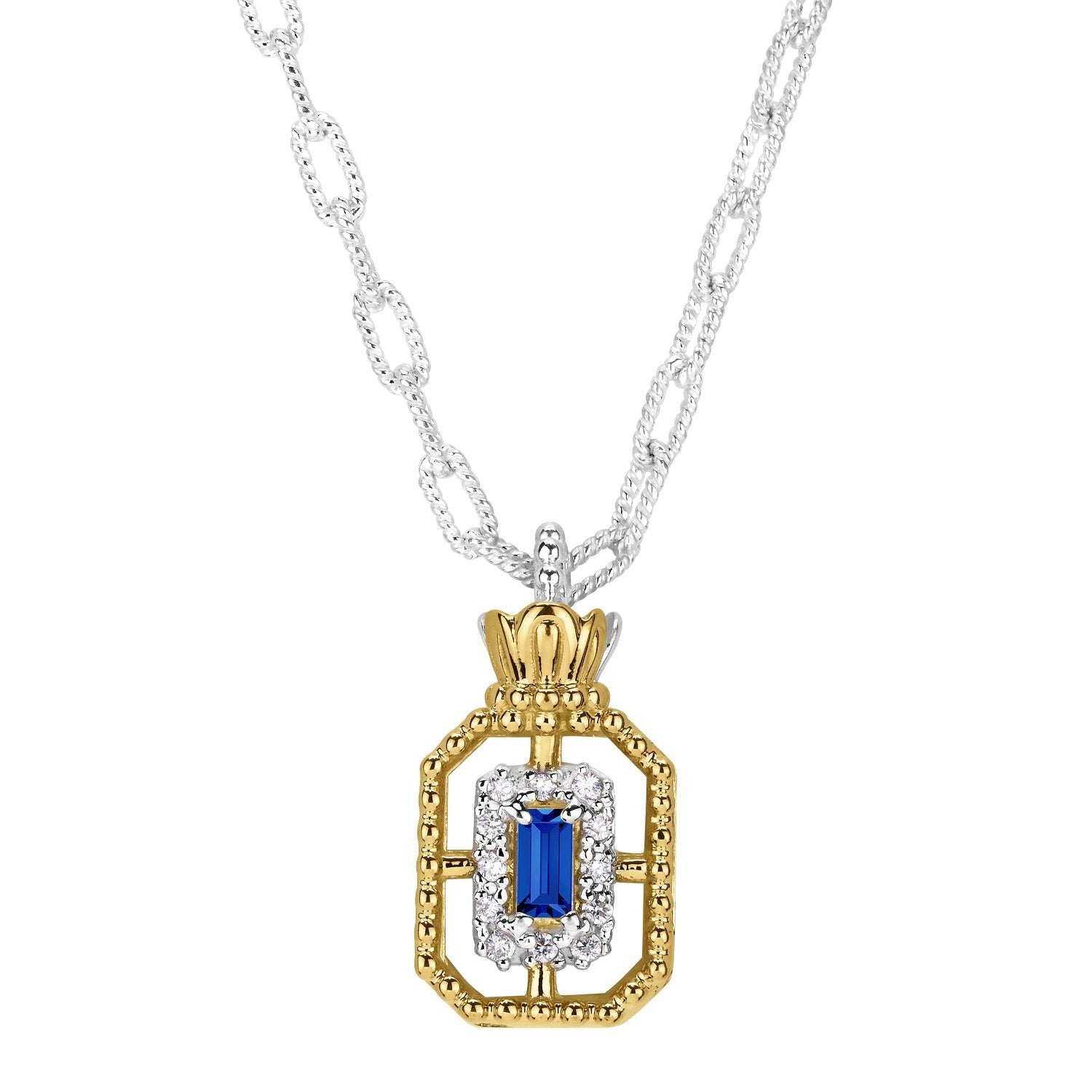 14K Gold and Sterling Silver, Blue Sapphire and Diamond Pendant Necklace