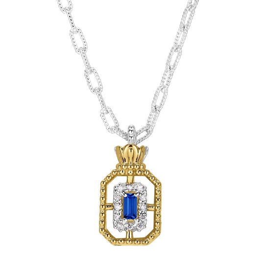 14K Gold and Sterling Silver, Blue Sapphire and Diamond Pendant Necklace