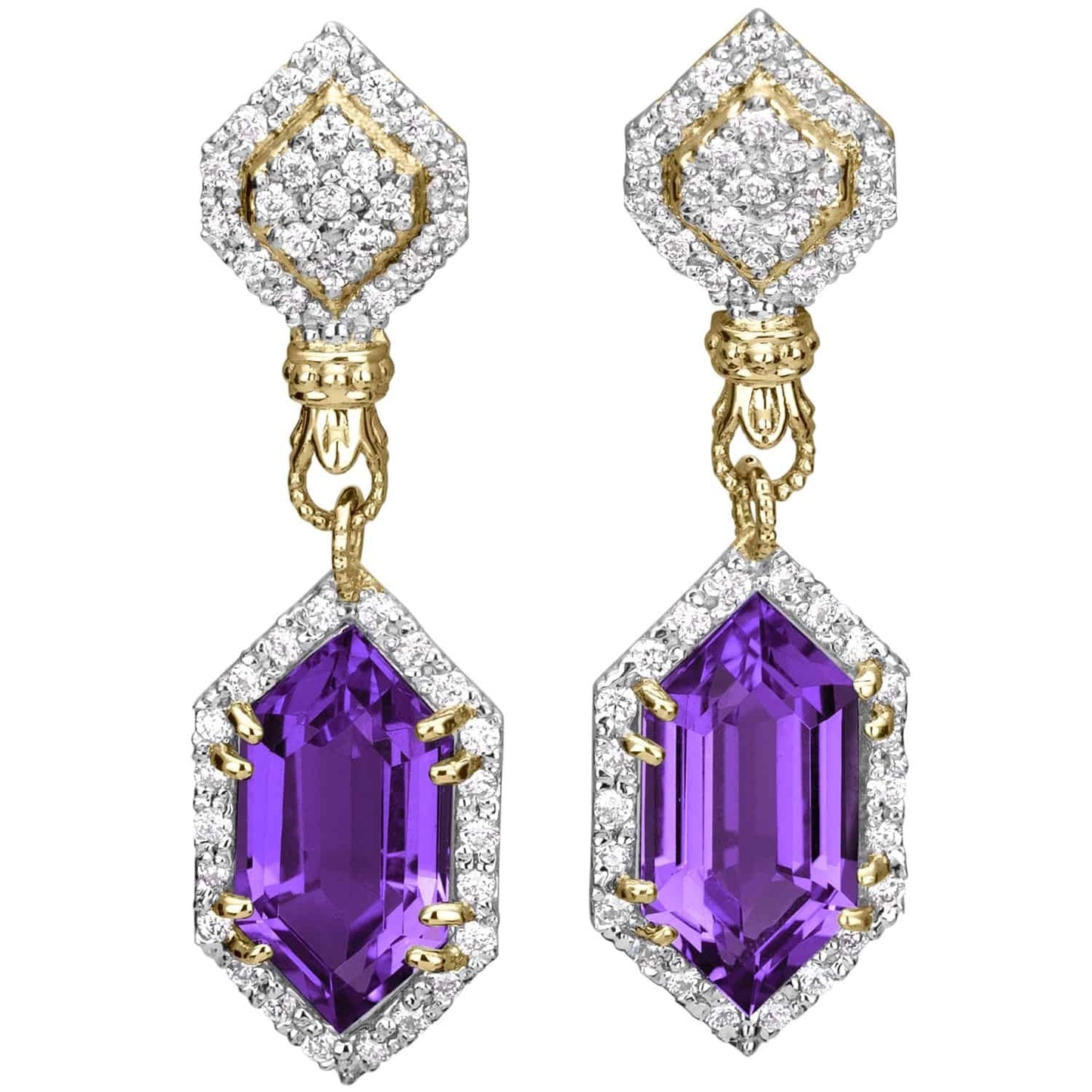 14K Gold, Amethyst and Diamond Drop Earrings