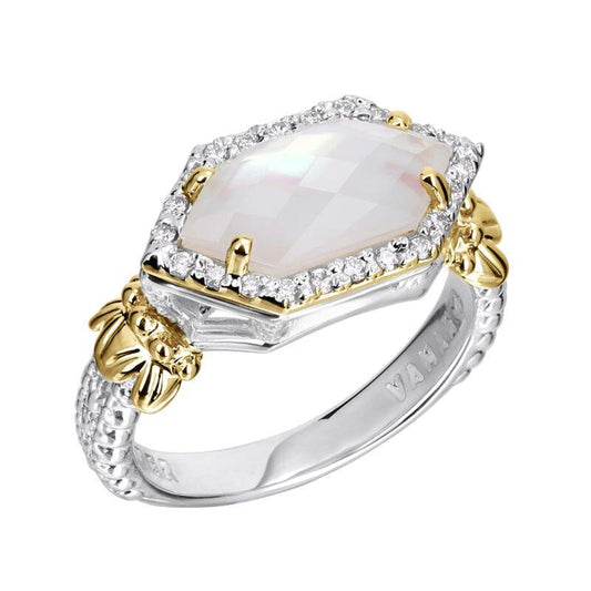 14K Gold and Sterling Silver, Mother of Pearl and Diamond Ring