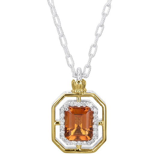 14K Gold and Sterling Silver, Citrine and Diamond Pendant Necklace