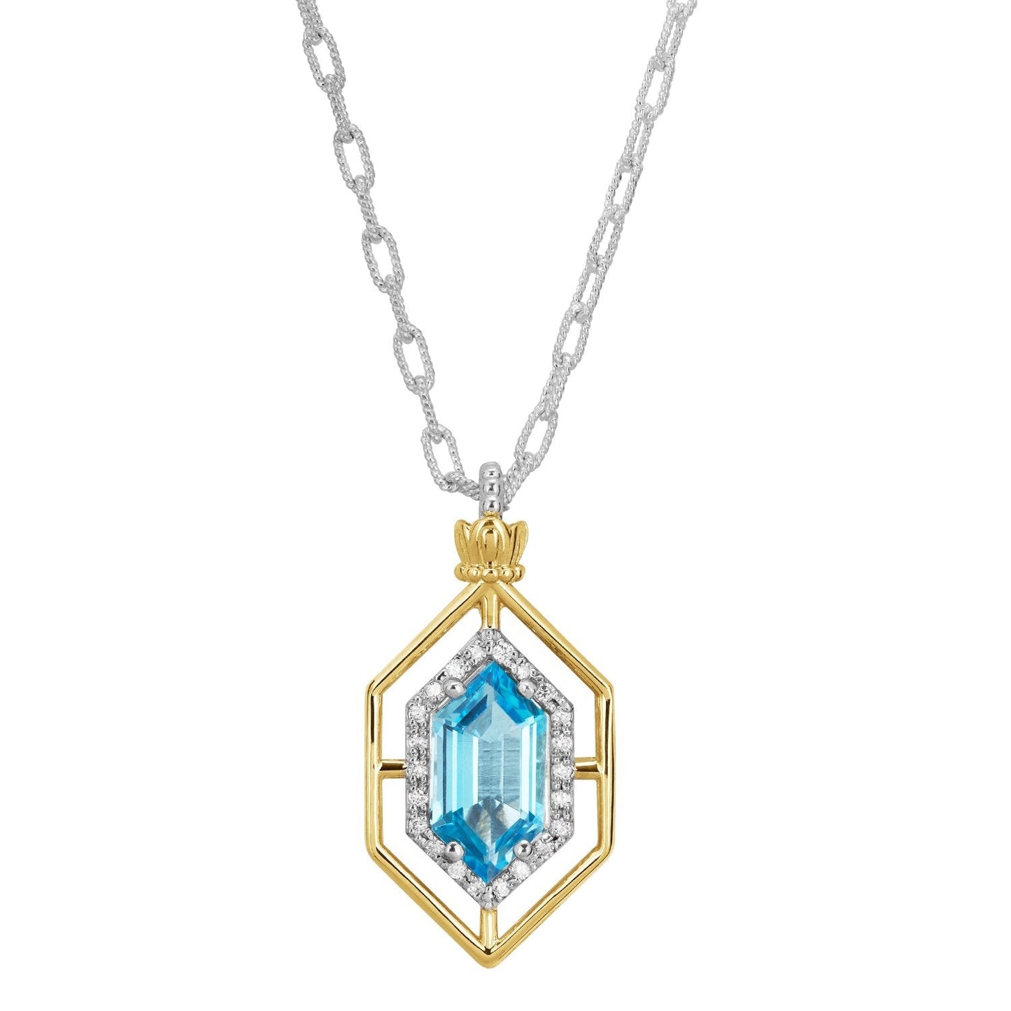 14K Gold and Sterling Silver, Blue Topaz and Diamond Pendant Necklace