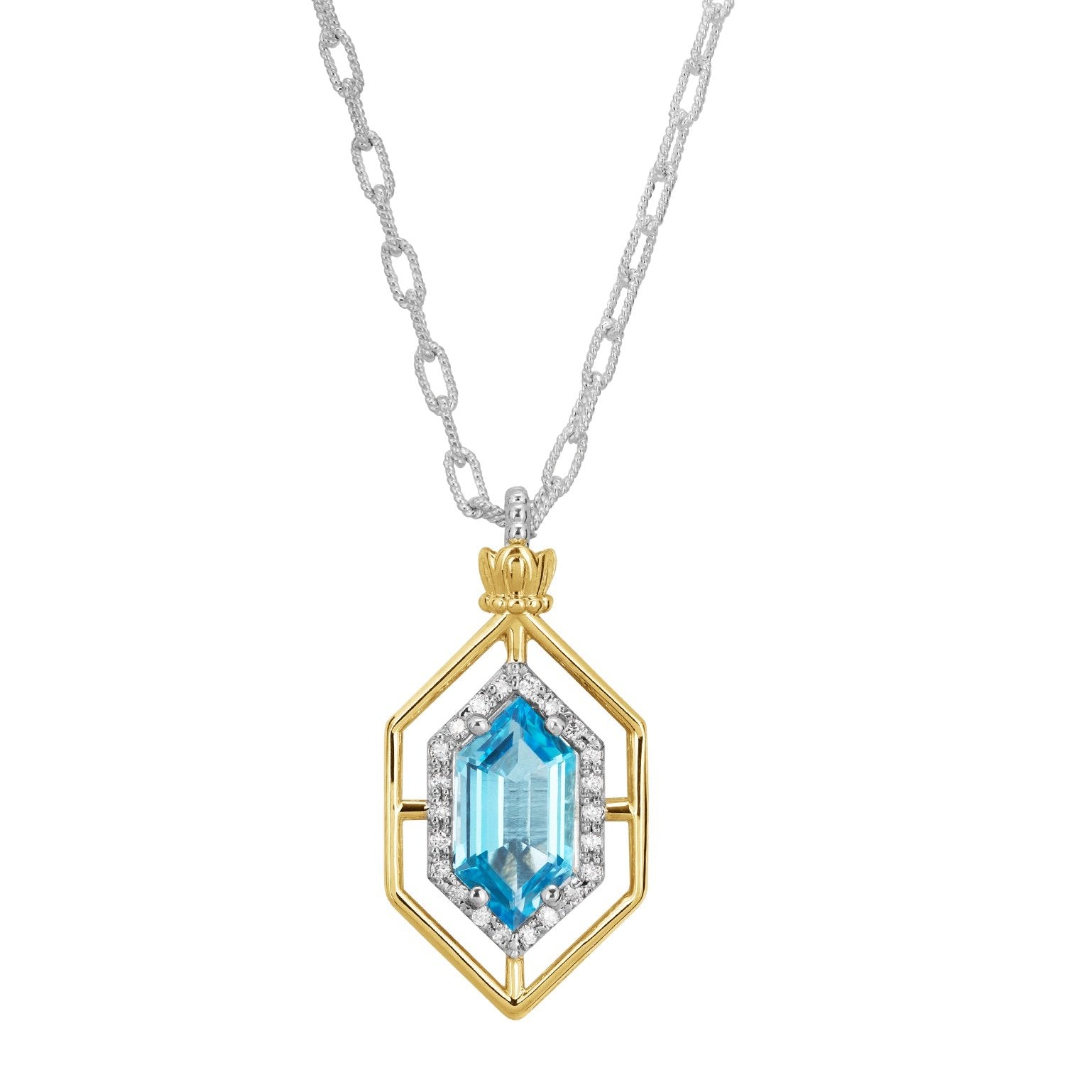 14K Gold and Sterling Silver, Blue Topaz and Diamond Pendant Necklace
