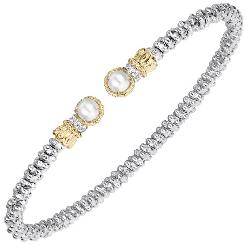 14K Gold and Sterling Silver, Diamond and Pearl Stackable Bracelet