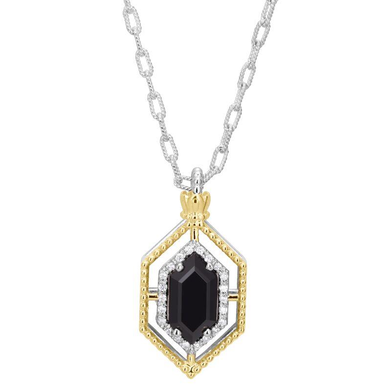 14K Gold and Sterling Silver, Black Onyx and Diamond Pendant Necklace