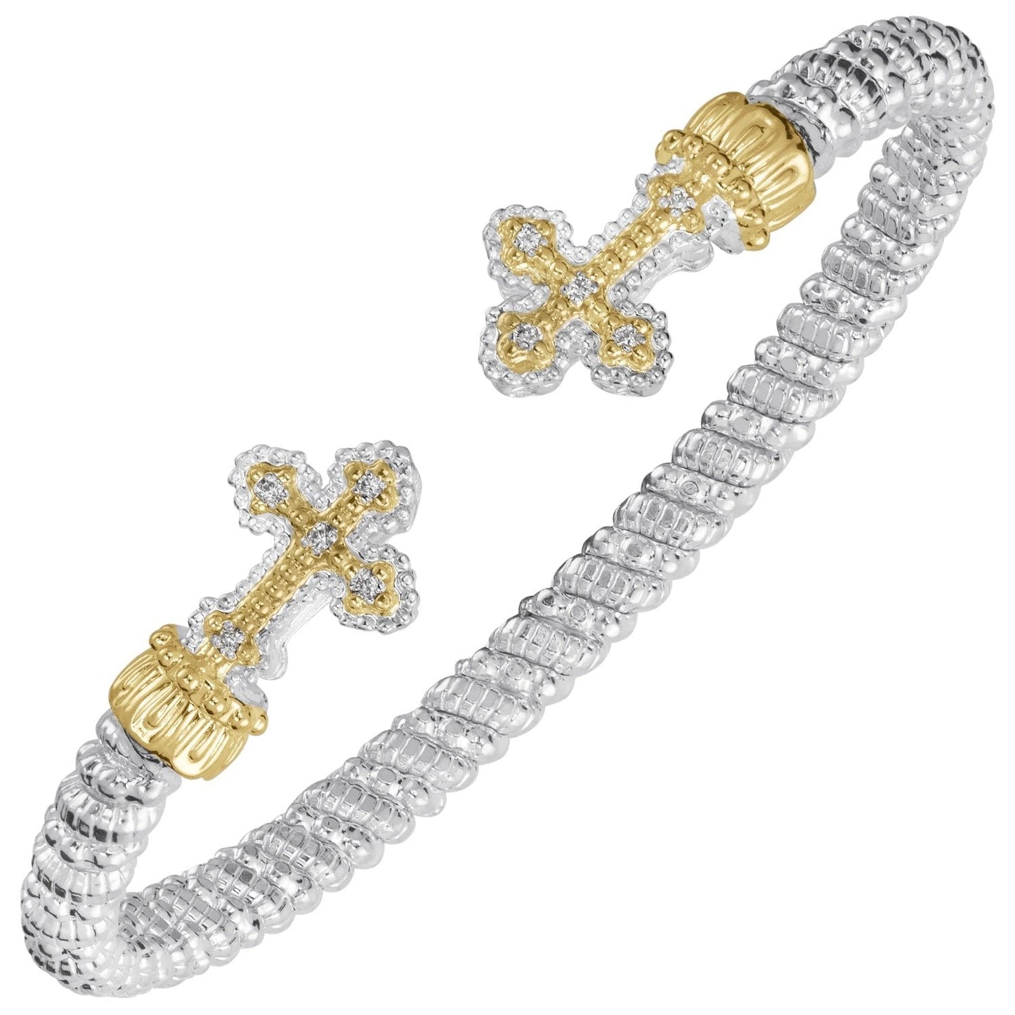 14K Gold and Sterling Silver, Diamond Cross Stackable Cuff Bracelet