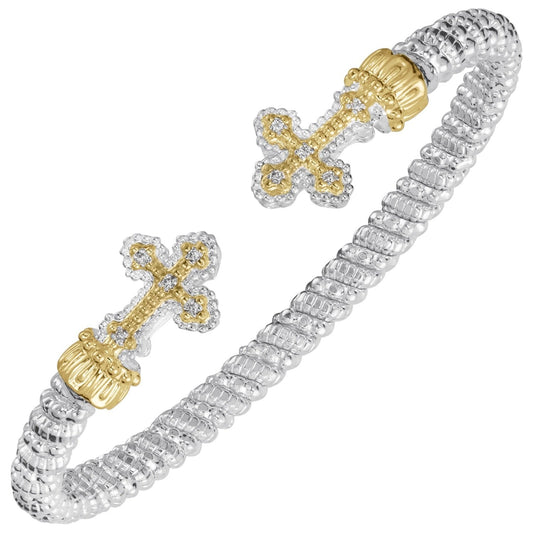 14K Gold and Sterling Silver, Diamond Cross Stackable Cuff Bracelet