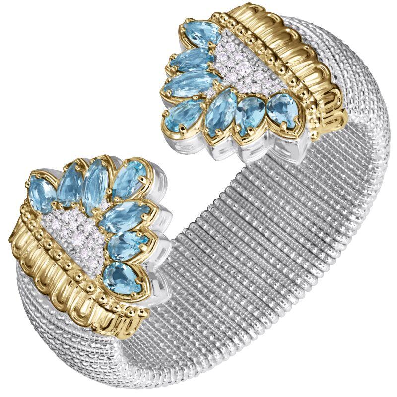14K Gold and Sterling Silver, Diamond and Sky Blue Topaz Cuff Bracelet