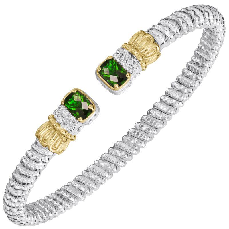 14K Gold and Sterling Silver, Chrome Diopside and Diamond Stackable Cuff Bracelet